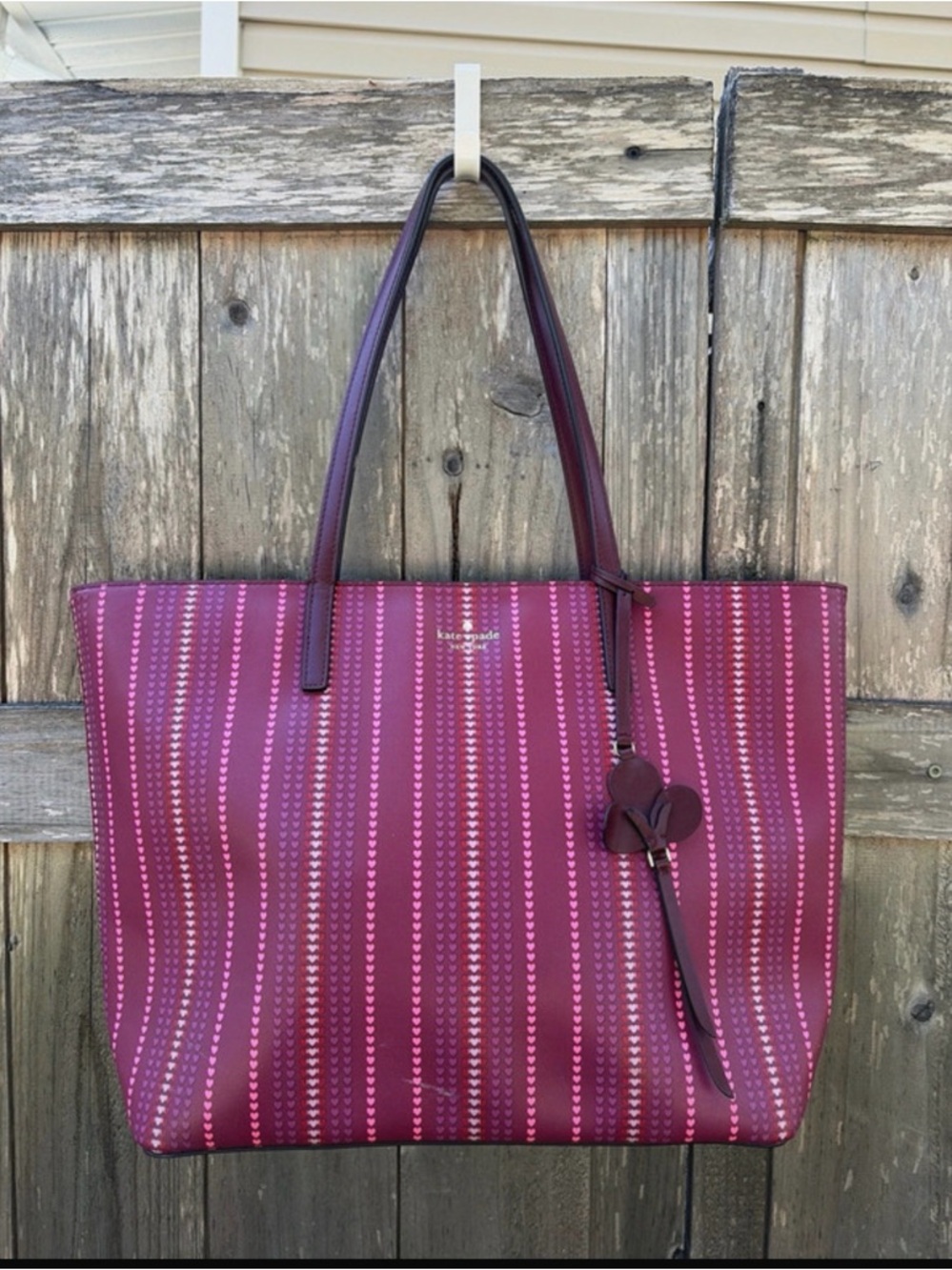 kate spade Kelsey magenta and pink Heart striped tote